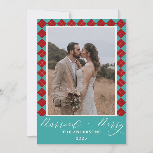 Carte De Remerciements Red Merry and Married Wedding Christmas (Devant)