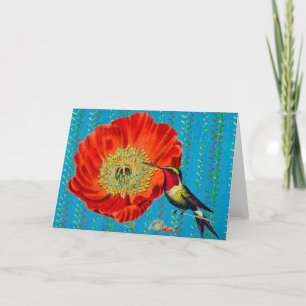 CARTE DE REMERCIEMENTS RED POPPY WITH HUMMINGBIRD BLANK NOTECARD