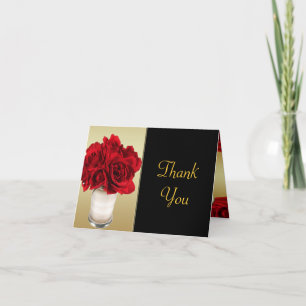 Carte De Remerciements Red Roses & Hearts, Gold & Black Mariage