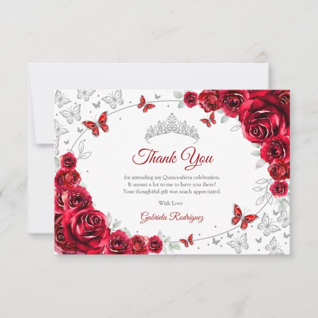 Carte De Remerciements Red Silver Floral Quinceanera (Devant)