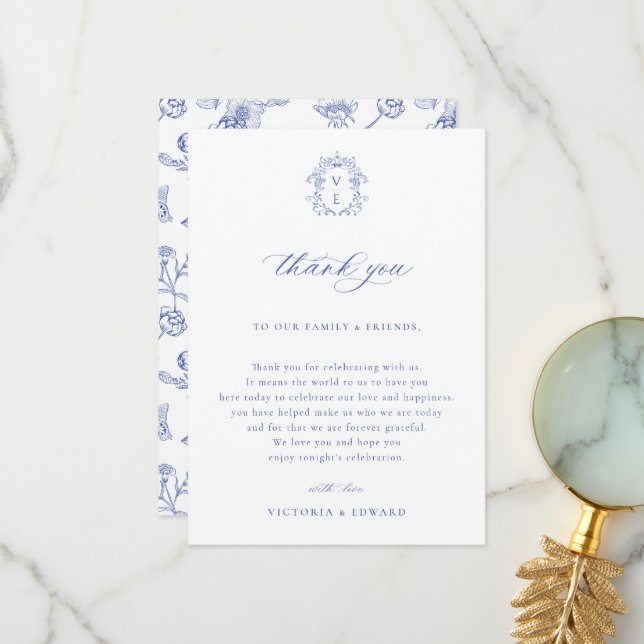 Carte De Remerciements Regency Blue Crest table de mariage (Devant/Arrière en situation)