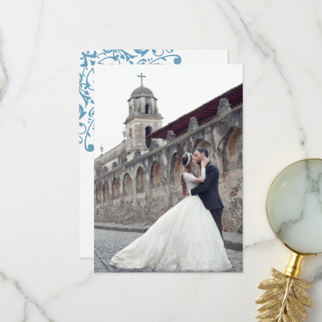 Carte De Remerciements Regency French Blue Fleur de Lis Mariage Photo (Devant/Arrière en situation)