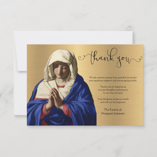 Carte De Remerciements Religieux Catholique Vierge Marie Condolence Or (Devant)
