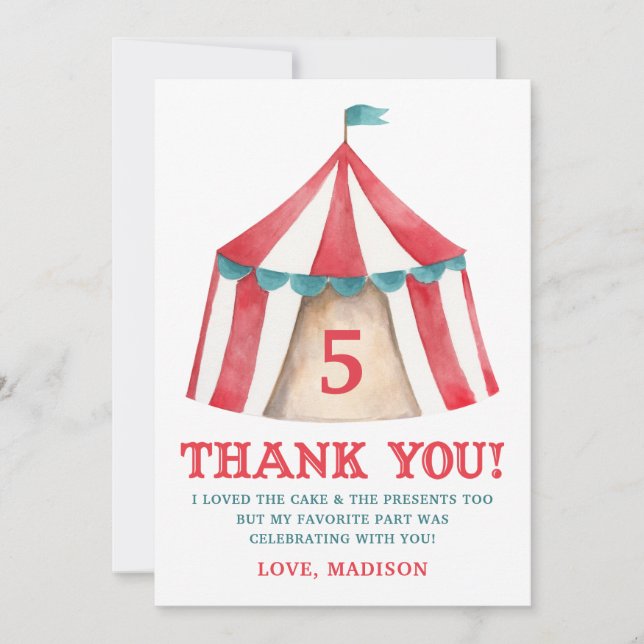 Carte De Remerciements Remerciement Anniversaire Chapiteau de Cirque Vint (Devant)