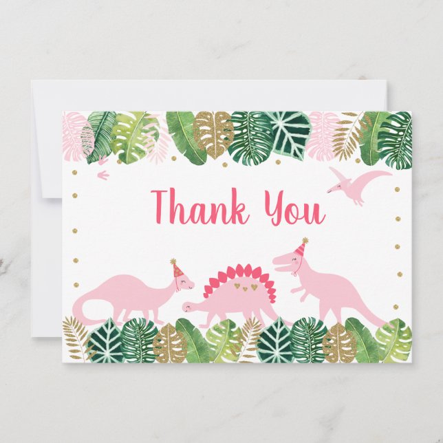 Carte De Remerciements Remerciement d'anniversaire Dinosaure Rose et Or (Devant)