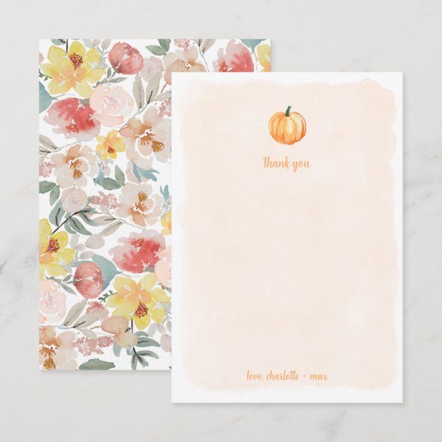 Carte De Remerciements Remerciement de baby shower aquarelle citrouille (Devant / Derrière)