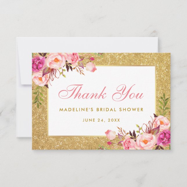 Carte De Remerciements Remerciement de Baby Shower Rose Fleurs Paillettes (Devant)
