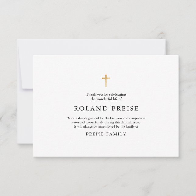 Carte De Remerciements Remerciement de deuil de croix dorée Faux PixDezin (Devant)