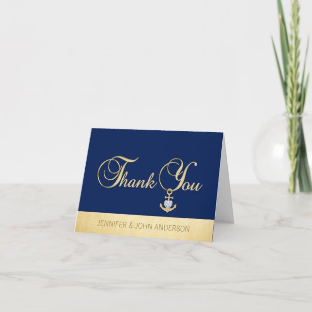 Carte De Remerciements Remerciement de mariage à feuille d'or bleu marine (Devant)