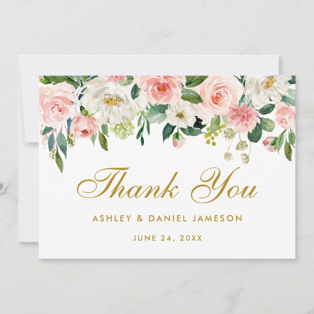 Carte De Remerciements Remerciement de mariage à l'or rose floral (Devant)