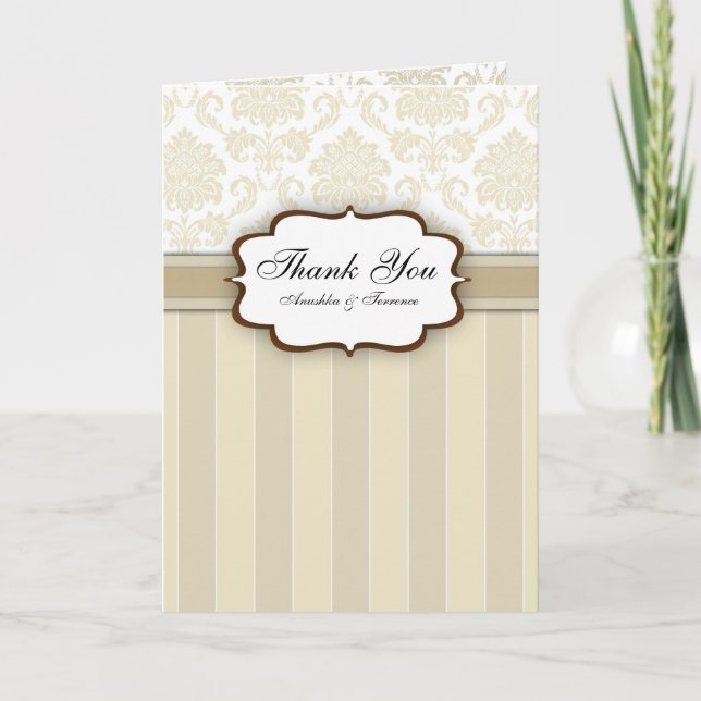 Carte De Remerciements Remerciement de mariage à rayures damassées beige (Devant)
