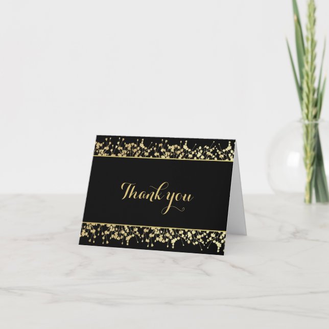 Carte De Remerciements Remerciement de mariage Baby's Breath Noir & Or (Devant)