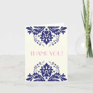 Carte De Remerciements Remerciement de mariage bleu marine damassé rose