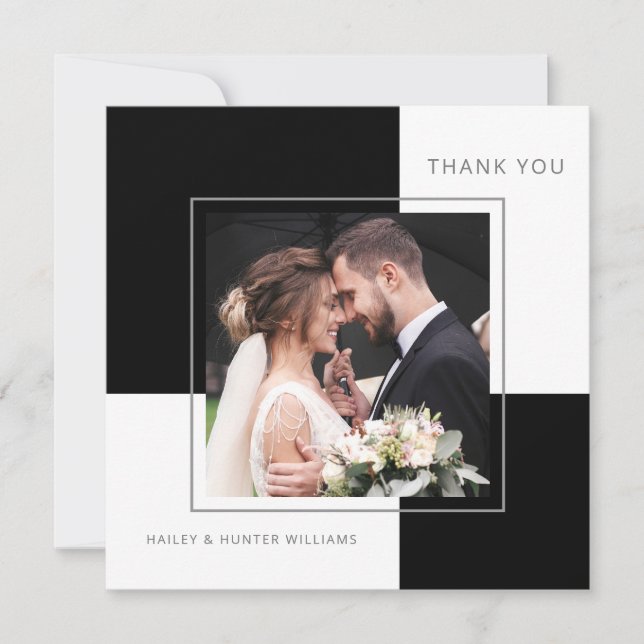 Carte De Remerciements Remerciement de mariage carré noir élégant avec ph (Devant)