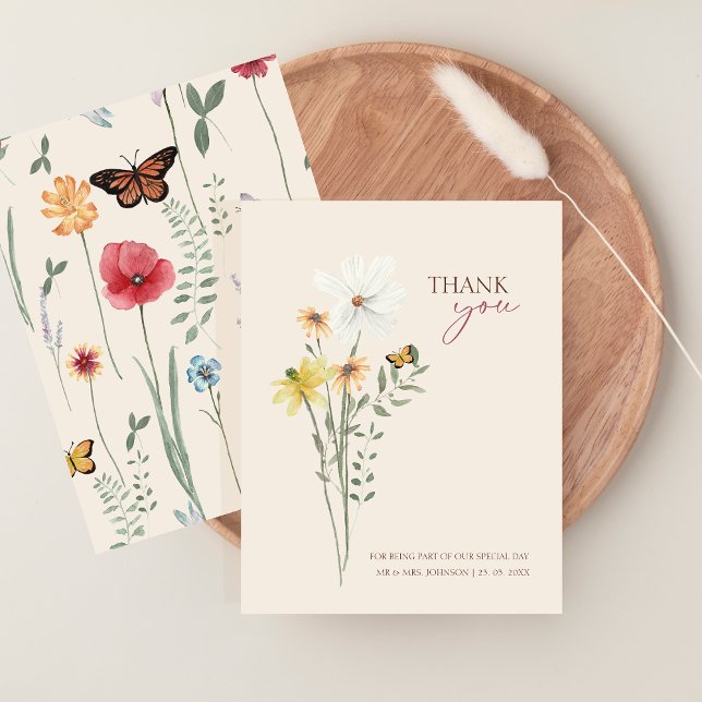 Carte De Remerciements Remerciement de mariage de fleur sauvage jaune fan (Whimsical Yellow Wildflower Wedding Thank You Card)