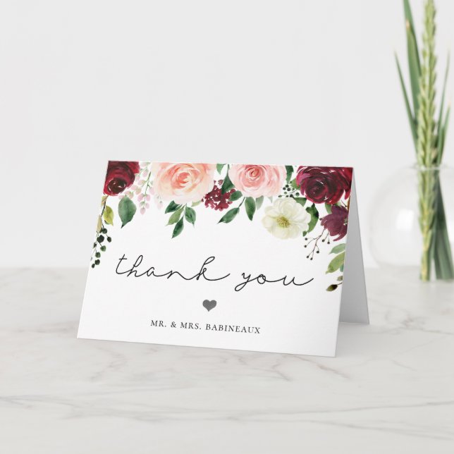 Carte De Remerciements Remerciement de mariage floral Burgundy Blush (Devant)