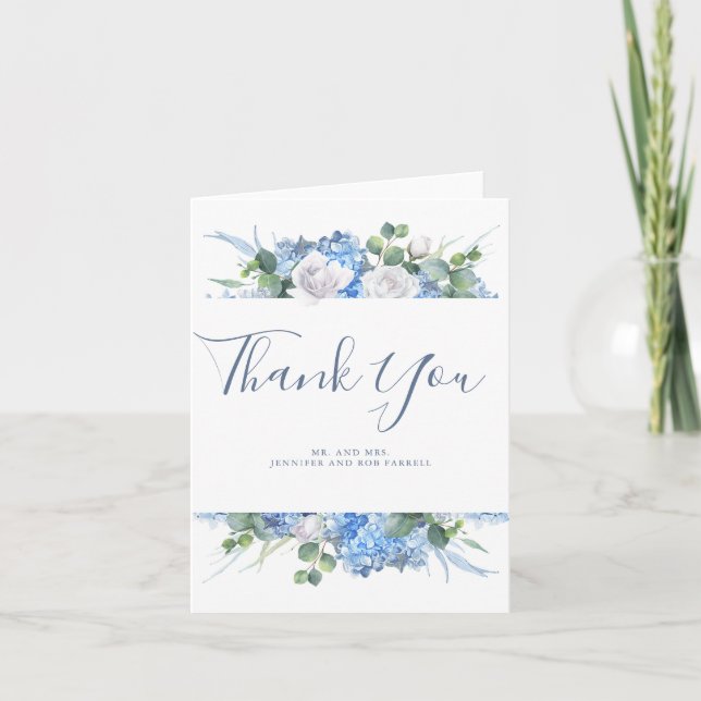 Carte De Remerciements Remerciement de mariage floral de verdure bleu pou (Devant)