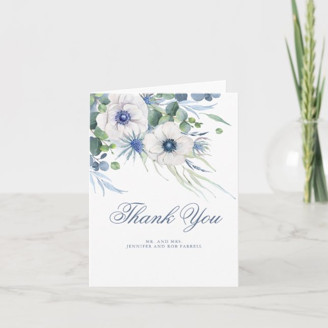 Carte De Remerciements Remerciement de mariage floral de verdure bleu pou (Devant)