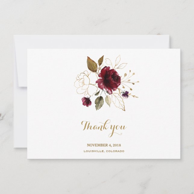 Carte De Remerciements Remerciement de mariage floral élégant Bourgogne O (Devant)