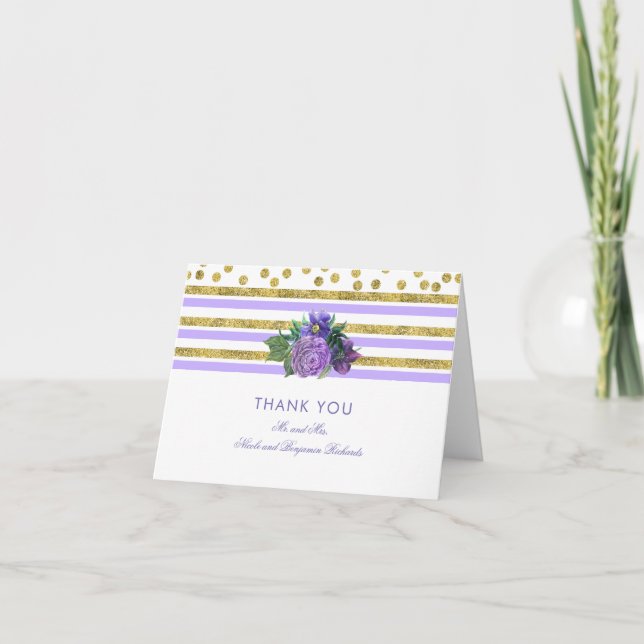 Carte De Remerciements Remerciement de mariage floral or et violet (Devant)