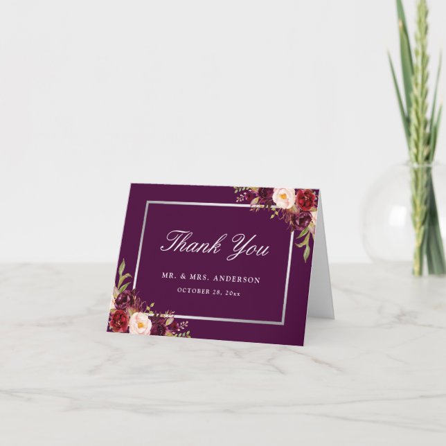 Carte De Remerciements Remerciement de mariage gris argent floral violet  (Devant)