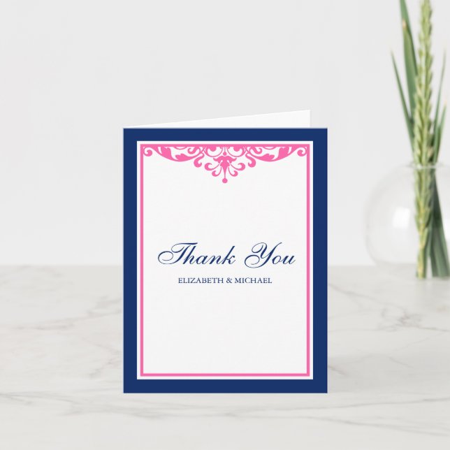 Carte De Remerciements Remerciement de mariage Navy Blue et Pink Flourish (Devant)