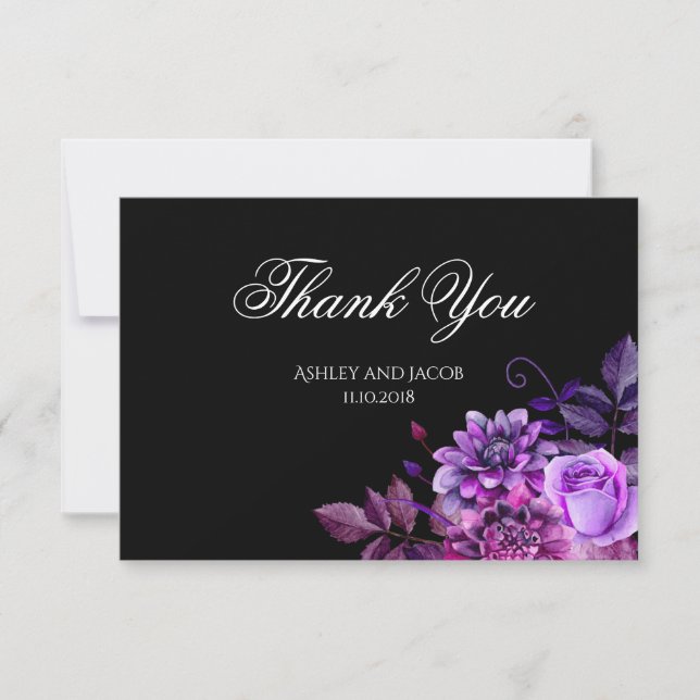 Carte De Remerciements Remerciement de mariage noir Fleur florale Fleurs  (Devant)