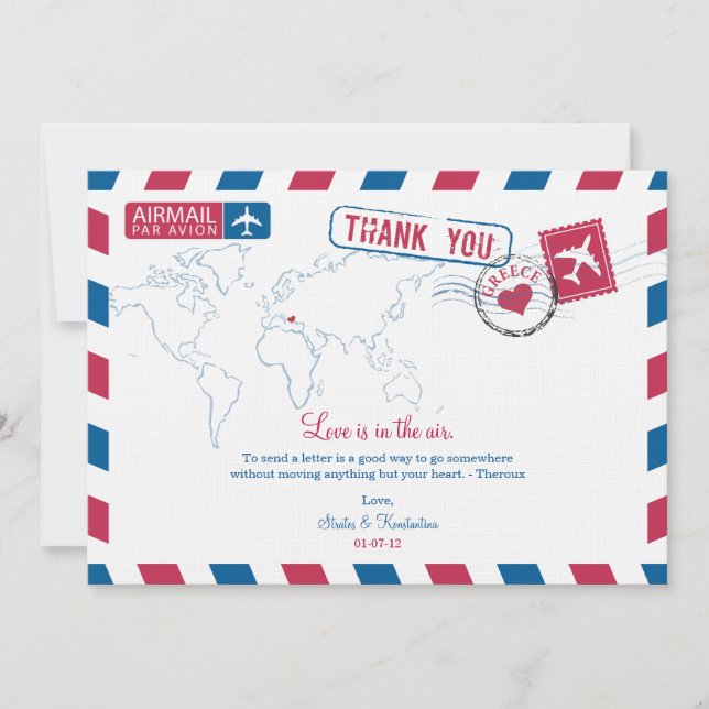 Carte De Remerciements Remerciement de mariage par avion Grèce (Devant)