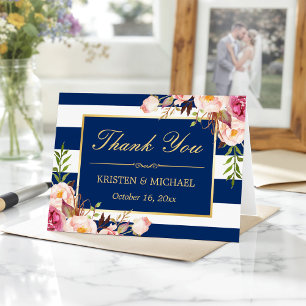 Carte De Remerciements Remerciement de mariage rayures bleu marine or flo
