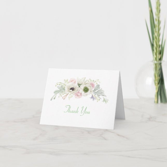 Carte De Remerciements Remerciement de mariage Roses roses Anémones blanc (Devant)