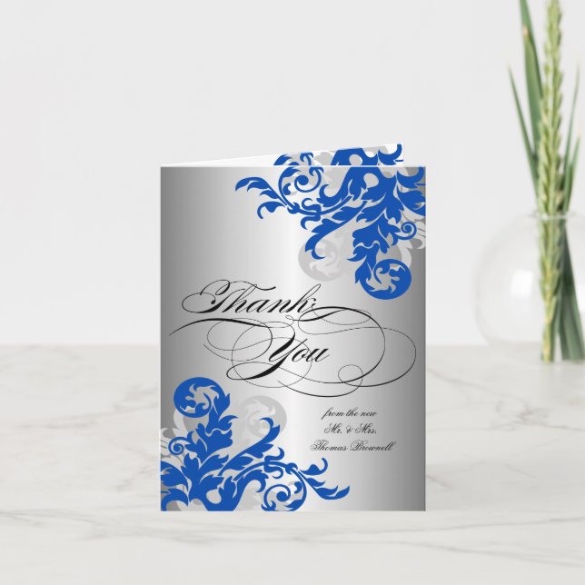 Carte De Remerciements Remerciement de mariage Royal Blue et Argent Flour (Devant)