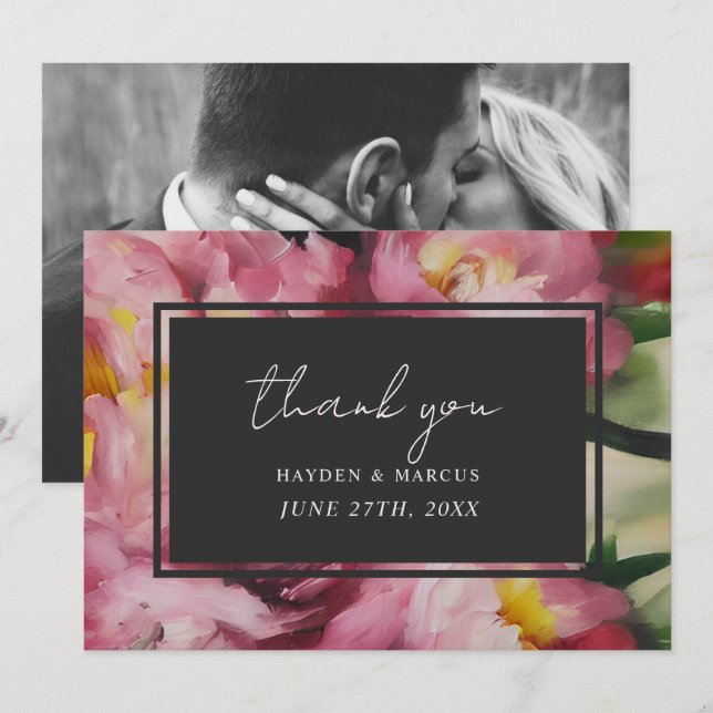 Carte De Remerciements Remerciement de photo de mariage à fleurs roses dr (Devant / Derrière)