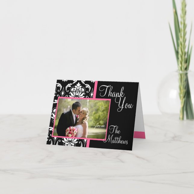 Carte De Remerciements Remerciement de photo de mariage en damassé rose M (Devant)