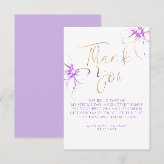 Carte De Remerciements Remerciement Élégant Chic Nœud Violet Mariage (Devant / Derrière)