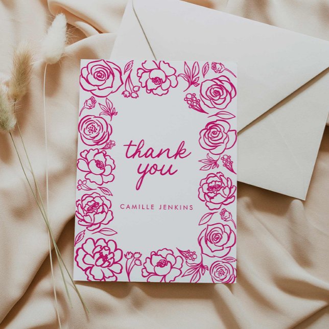 Carte De Remerciements Remerciement fantaisiste à fleurs roses dessinées  (Pink Floral Elegant Thank you card)