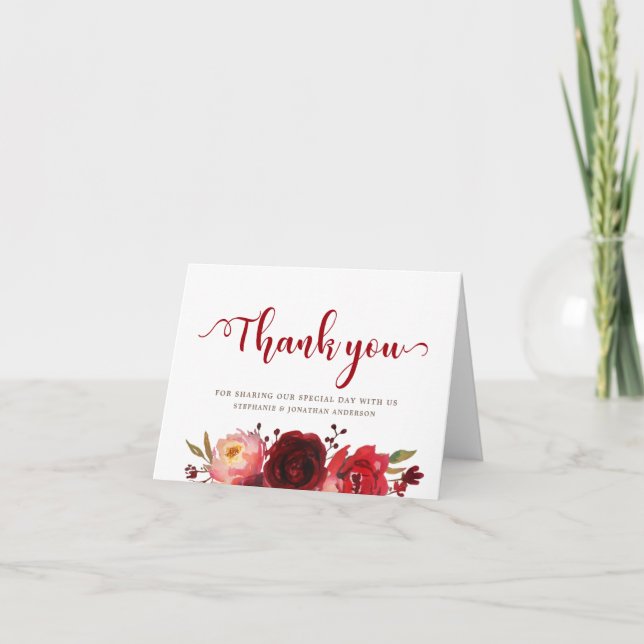 Carte De Remerciements Remerciement floral de roses rouges de Bourgogne M (Devant)