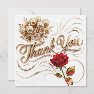 Carte De Remerciements Remerciement Floral Or avec Rose Rouge