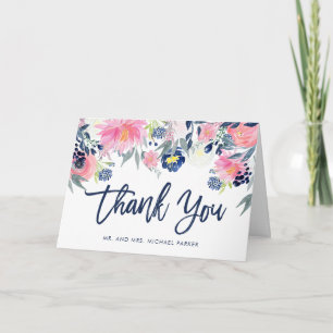 Carte De Remerciements Remerciement Floral Rose Pâle et Navy Moderne