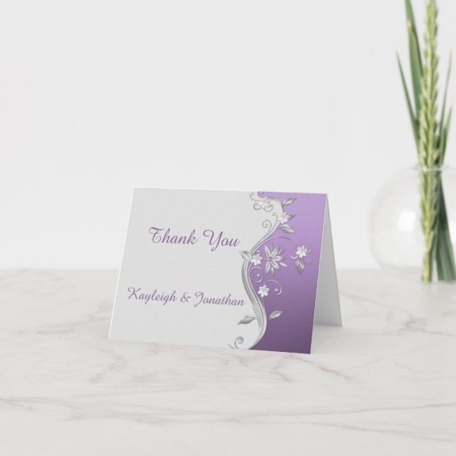 Carte De Remerciements Remerciement floral violet et argent orné (Devant)
