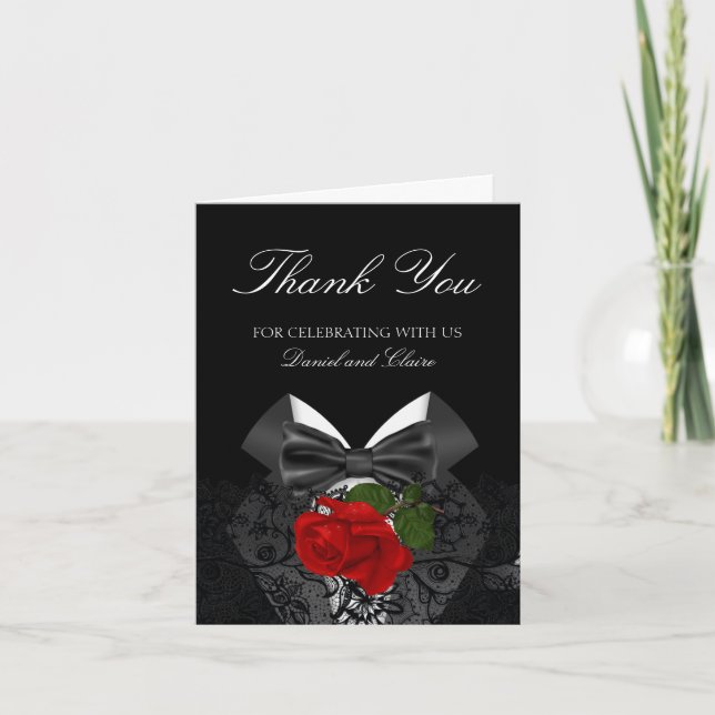 Carte De Remerciements Remerciement Mariage Smoking Noir Blanc Rose Rouge (Devant)