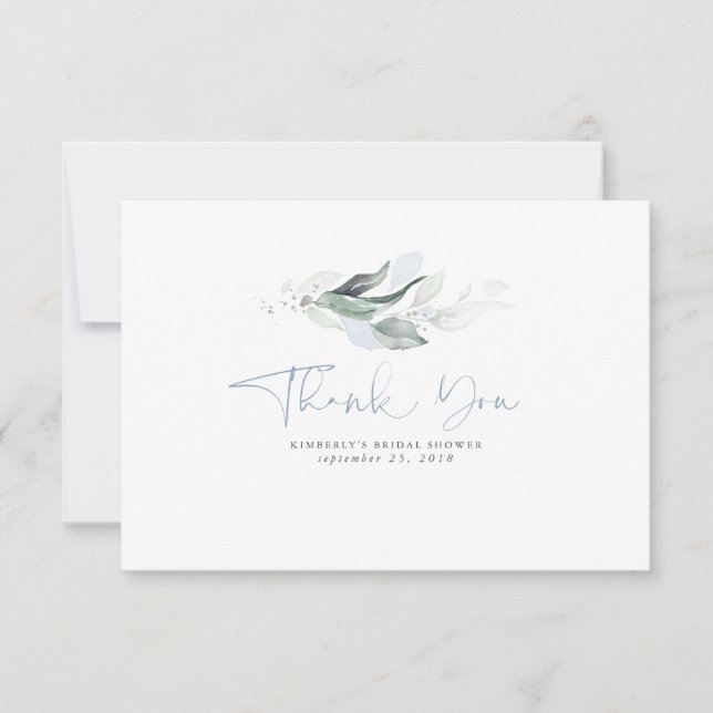 Carte De Remerciements Remerciement petit feuilles vertes argent bleu pou (Devant)