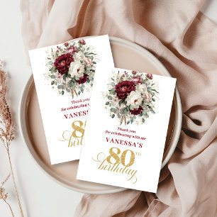 Carte De Remerciements Remerciement pour 80e Anniversaire Burgundy Blush 