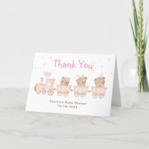 Carte De Remerciements Remerciement pour Baby Shower Bear Pink Train