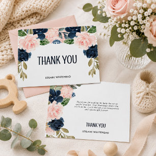 Carte De Remerciements Remerciement pour Baby Shower Fleurs Rose et Marin