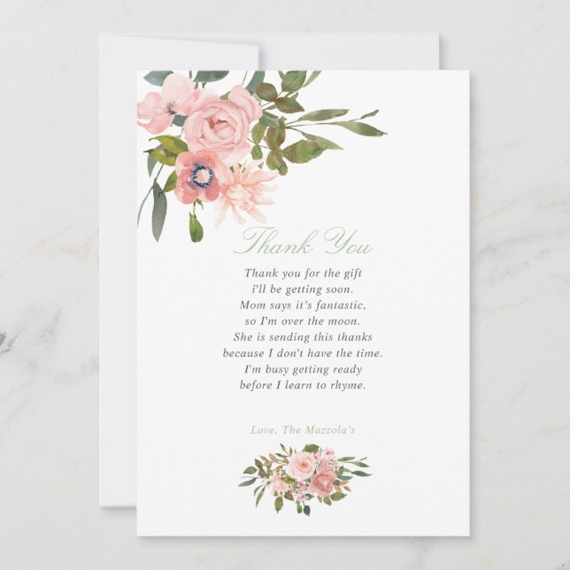 Carte De Remerciements Remerciement pour Baby Shower Floral Blush et Sage (Devant)