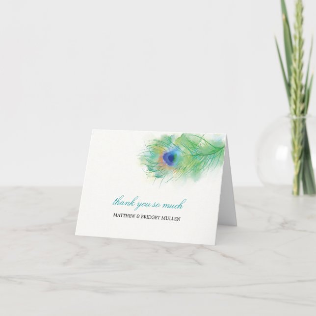 Carte De Remerciements Remerciements avec plume de paon à l'aquarelle (Devant)