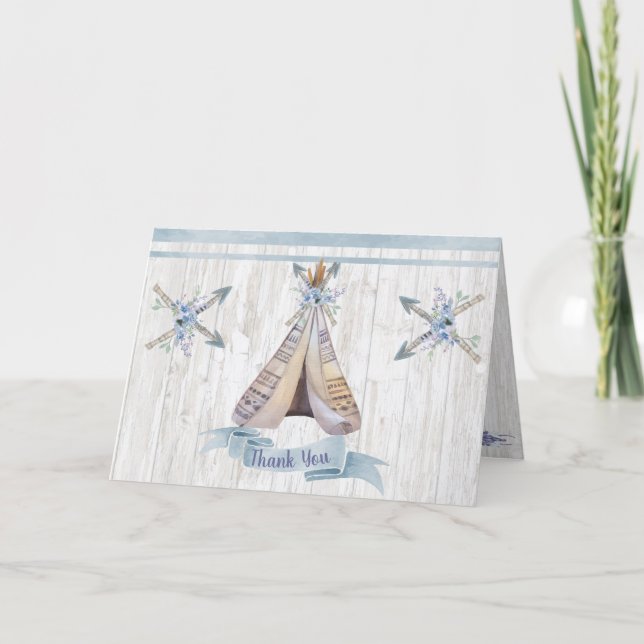 Carte De Remerciements Remerciements | Bébé Bleu Douche Boho Chic Teepee (Devant)