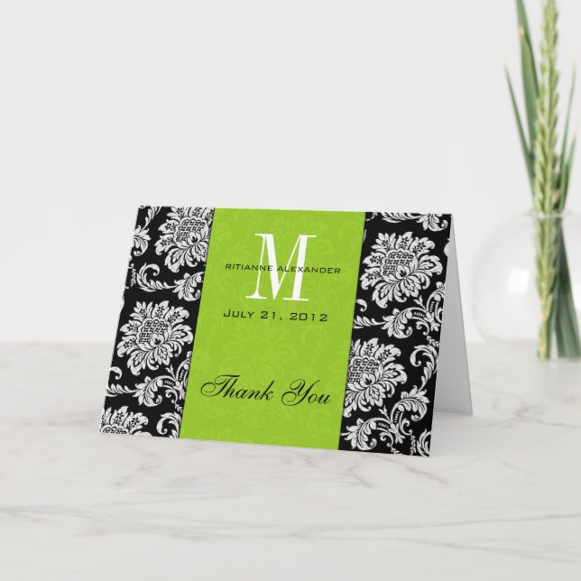 Carte De Remerciements Remerciements de mariage à monogramme vert sur dam (Devant)