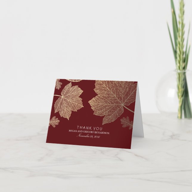 Carte De Remerciements Remerciements de mariage Bourgogne Feuilles d'or t (Devant)