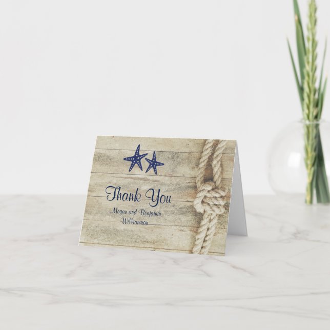Carte De Remerciements Remerciements de mariage de plage nautique en bois (Devant)
